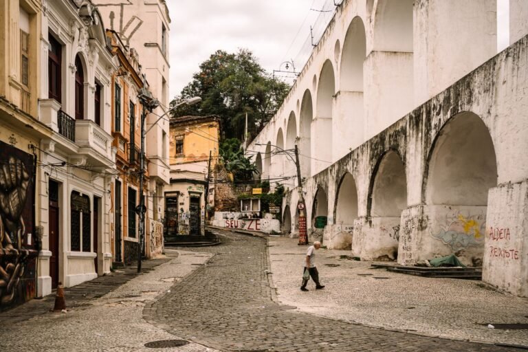 Street view of the historic Lapa Arches and colorful buildings in Rio de�J�Journal.